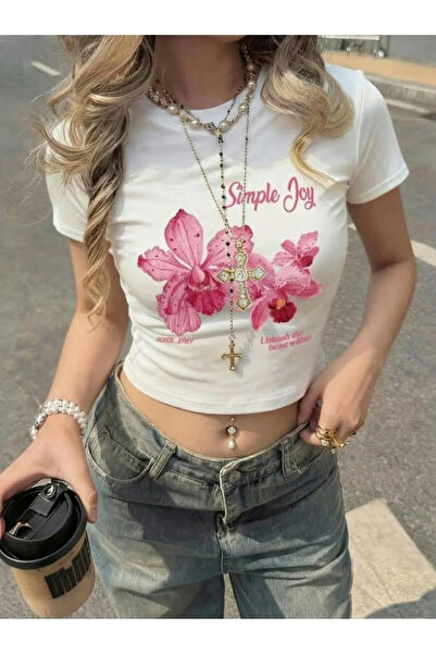 Machetta Tricou crop cu imprimeu Simple Joy pentru femei