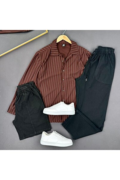 THEGENTMAN Striped Crepe Shirt Linen Shorts Linen Baggy Pants 3-Piece Set