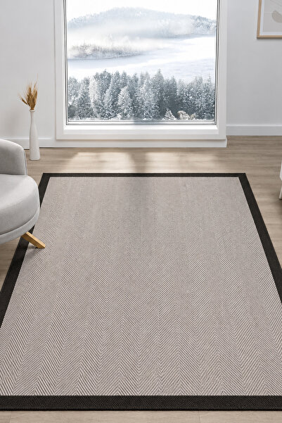 VİTALİHOME Sisal Prime Bej Siyah İskandinav Yıkanabilir Bordürlü Halı Kilim B...