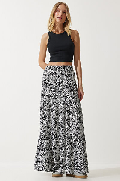 Lovelyİstanbul Floral Patterned Flounce Viscose Skirt Ldd0011 White Black