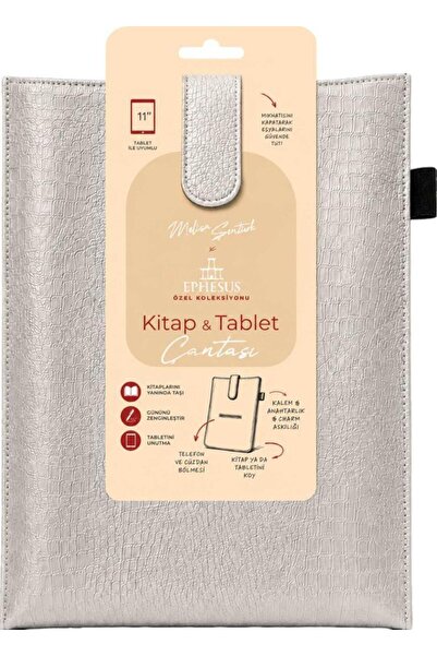 Ephesus Yayınları Yeni Nesil Kitap ve Tablet Çantası - Özel Deri Dokulu - Gümüş