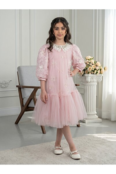 Generic Girls' Dress Tulle with Embroidered Flowers and Lace Collar - Pink