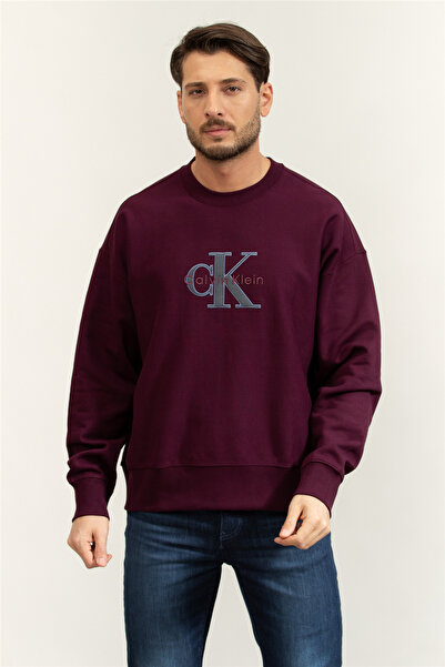 Calvin Klein Erkek CK Yazı Desen Uzun Kol Pamuklu Bisiklet Yaka Mor Sweatshirt
