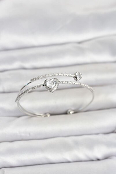 norsary Brass Silver Color Heart Model Zircon Stone Women's Bracelet