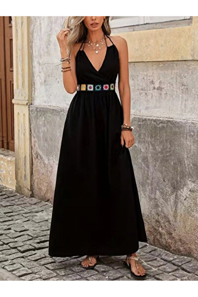 Generic Brand Women's Strappy Double-Breasted Collared Long Viscose Dress wit...