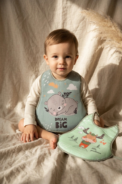 Babydonat Nordic Dream 2'li Organik Pamuklu Sıvı Geçirmez Bebek Mama Önlüğü Seti - Ayıcık Ve Geyik Desenli Yum