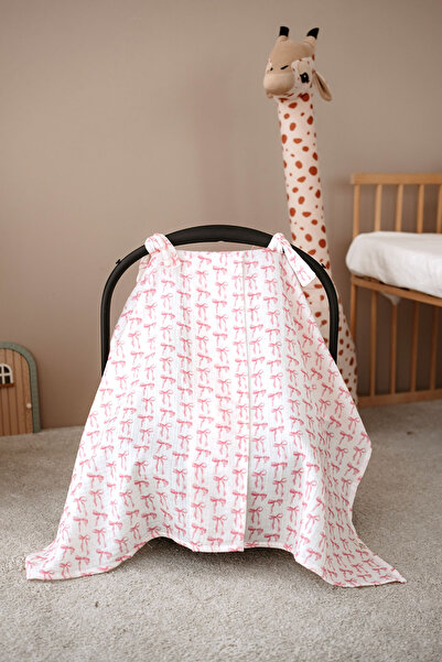İpek Studio %100 Pamuklu Müslin Puset Örtüsü - Cute Pink Bow