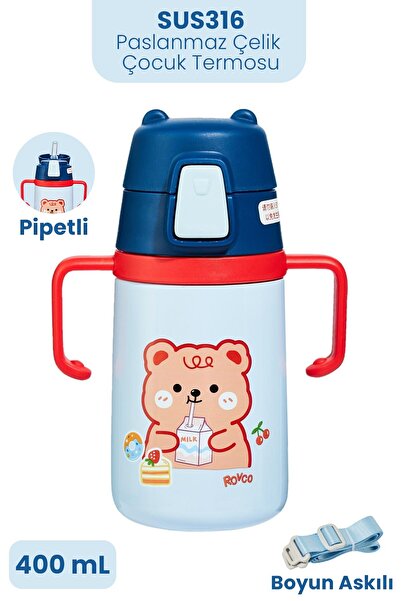 Vagonlife 400 ML 316L Paslanmaz Çelik Pipetli Çocuk Termosu Taşıma Kulplu Ask...