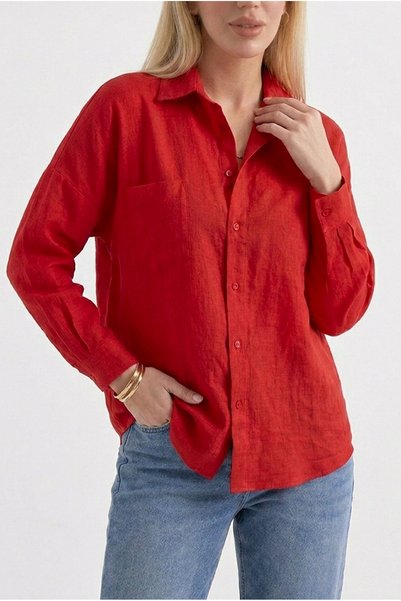 ECOTİQUE Women's Red Linen Shirt Loose Oversized Shirt with Pockets 100% Linen