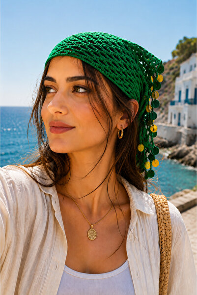 TULEK Knitted Bohemian Sequin Detailed Mesh Beanie & Bandana & Buckle