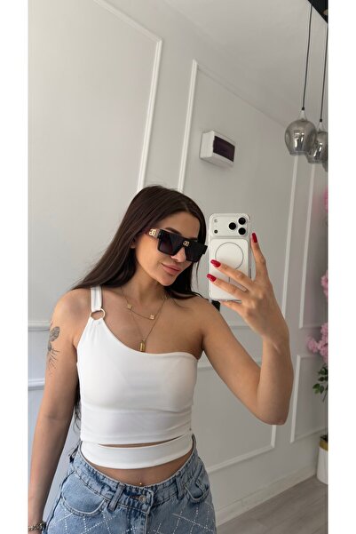 Daves White Asymmetrical One-Shoulder Blouse with Ring Detail