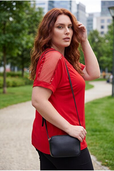 Ebsumu Women's Plus Size Tulle Detail Red Blouse