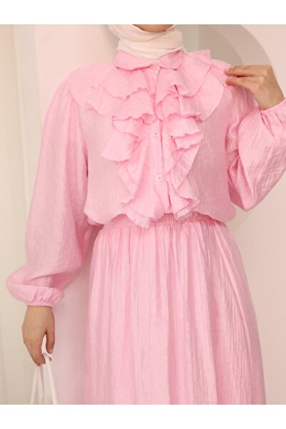 QUAWEAR Shirt with Ruffle Detail at Collar, Elastic Waist, Lined Skirt, Two-P...