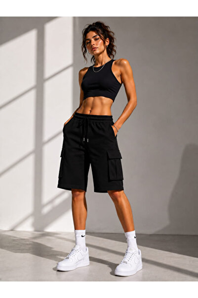 ciwi&life Women's Black Double Cargo Pocket Shorts Elastic Waist Casual Shorts