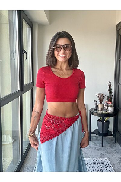 Merishe Jewerly Merishe Crochet Bandana Red Heart Patterned Hand Knitted
