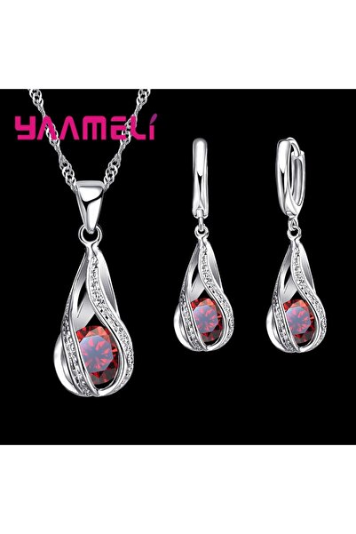 Choice Red Hot Water Drop CZ 925 Sterling Silver Plated Jewelry Set For Women...
