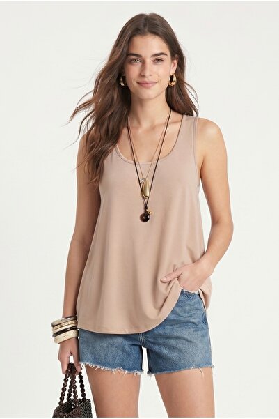 Ritnice Women's Paloma Cotton Loose Fit U-Neck Sleeveless Beige Knitted Blouse