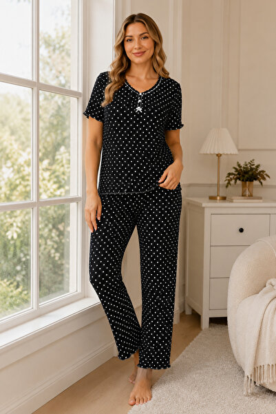 Vesperia Women's Black Polka Dot Short Sleeve Camisole Pajama Set