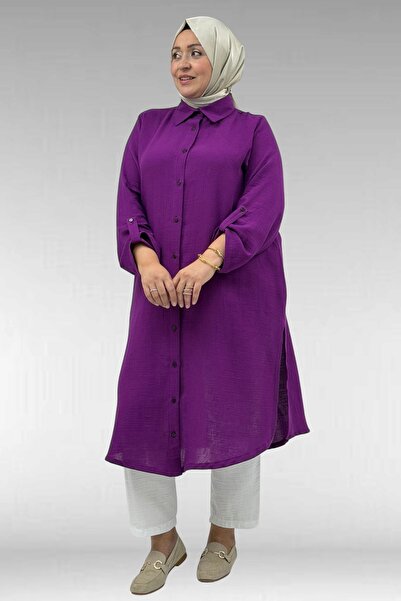 48058 Plus Size Buttoned Muslin Shirt - Damson