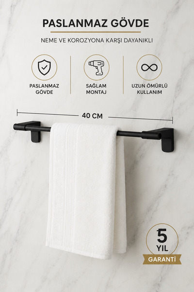 Alper Banyo Premium F1 Model Siyah Uzun Havlu Askısı 40 cm Paslanmaz Çelik Montajlı Banyo Havluluk 5 Yıl Garantili