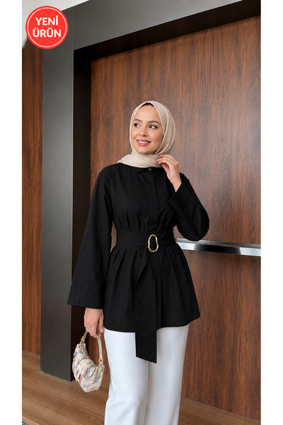 fera butik Women's Poplin Fabric Belted Hijab Shirt