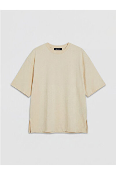 LC Waikiki New Season Ecru Large Size 100% Cotton Women's T-Shirt
