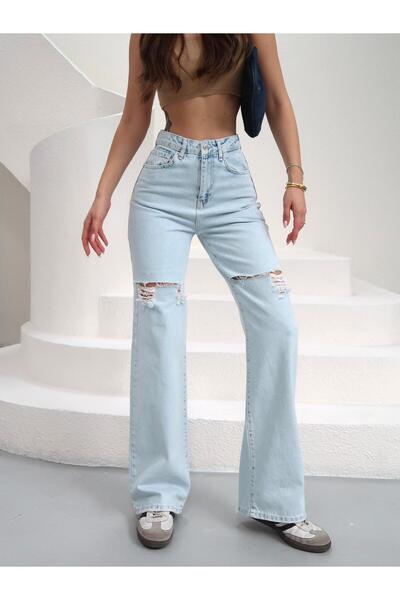 XBELLA DENİM Jeans Pants with Front Knee Laser Detail Wide-Leg Gray / Blue Ne...