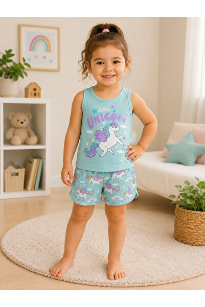 Kız çocuk Unicorn Desenli Sıfır Kollu Şortlu %100 Pamuklu Pijama Takımı
