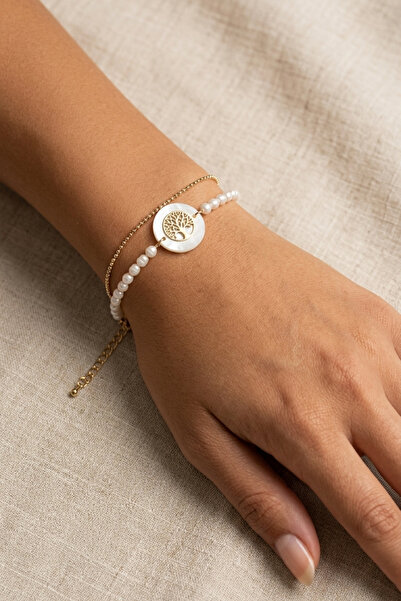 PETEK AKSESUAR 2 Row Natural Stone Pearl Chain Bracelet