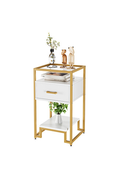 Garvee Nightstand, bedside table with open shelves and glass top and 3-tier s...