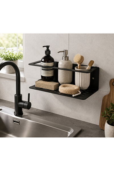 YDGR Modern Siyah Metal Duvar Rafı Yapışkanlı – Banyo ve Mutfak Düzenleyici Raf 20x9 Cm