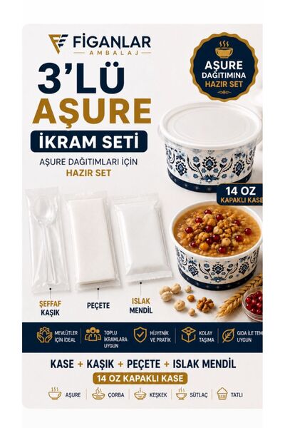 figanlar ambalaj Aşure Kasesi 14 Oz Kapaklı Aşure İkram Seti Kaşık Peçete Isl...