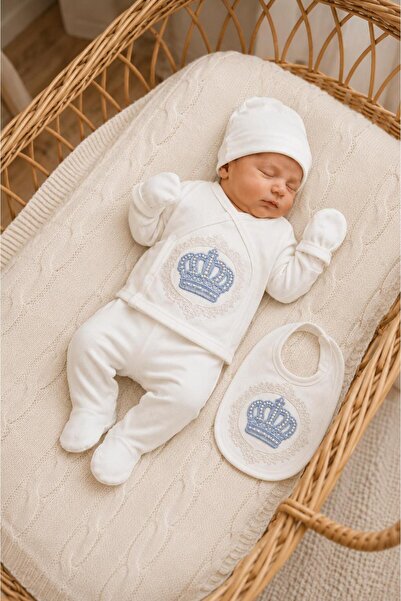 nevrankids Organıc Erkek Bebek Hastane Çıkışı 5'li Set Prens Taç Nakışlı Taşlı Yenidoğan Takımı