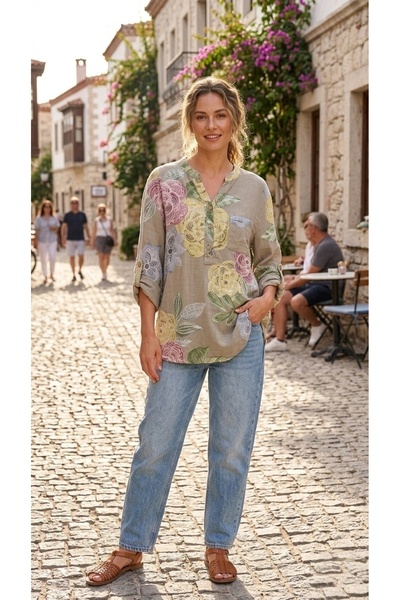 Park Moda %100 Pamuk Çiçek Desenli Hakim Yaka Bluz (40-46 Beden arası uyumlud...