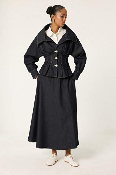 Touché Privé Wide Collar Waist-Tie Denim Jacket Skirt Set