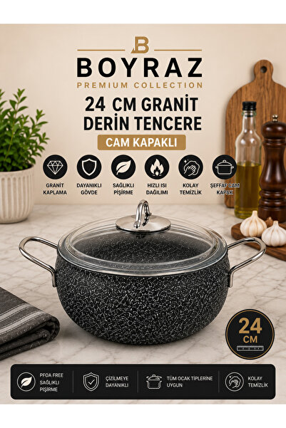 BOYRAZ 24 cm Granit Derin Tencere Cam Kapaklı Yapışmaz İç Yüzeyli Tencere