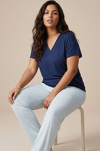 Siyah İnci Navy Blue Patterned Large Size Oversized Viscose Knitted Pajama Set