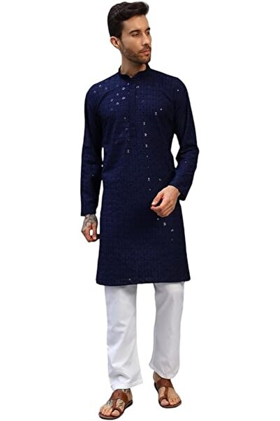 styleville.in طقم كورتا وبيجاما للرجال بتطريز تشيكانكاري - قطن أنيق، أكمام طو...
