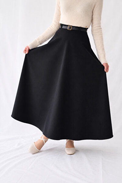 YAXİ Black Woven High Waist Maxi Length Flared Skirt