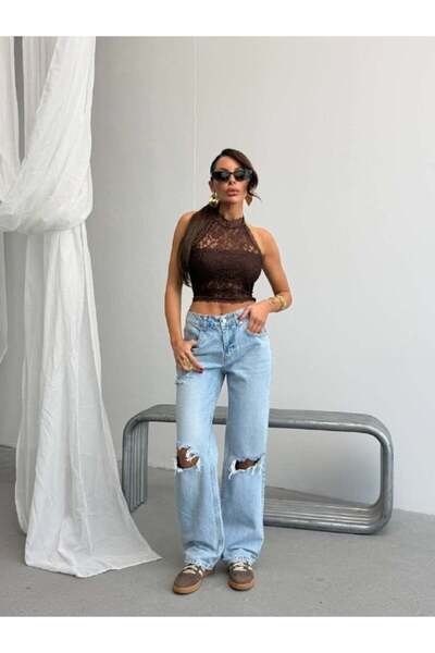 HerTon Women's High Waist Ripped Detailed Wide Leg Jean Trousers