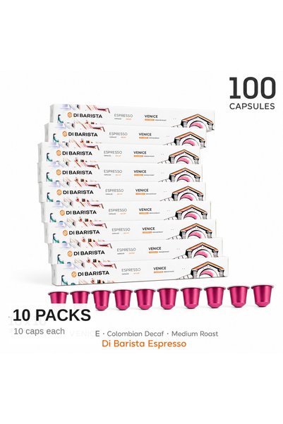DI BARISTA Venice Decaf Espresso Capsules - Set of 10 Sleeves | Colombian Arabica Decaffeinated | Mountain Water Process | Nespresso Compatible