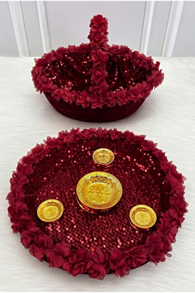 ZEYMERADE Burgundy Bridal Velvet Henna Night Tray and Basket, Sparkling with ...
