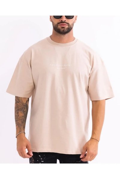 diğer1234 Αντρικό T-shirt Μπεζ Με Στάμπα Oversize — xl