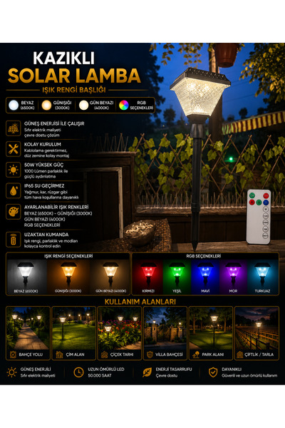 İnformed 30W AYAKLI GÜNEŞ ENERJİLİ SOLAR APLİK (UZAKTAN KUMANDALI)(BEYAZ-GÜNIŞIĞI-GÜN BEYAZI-RGB)