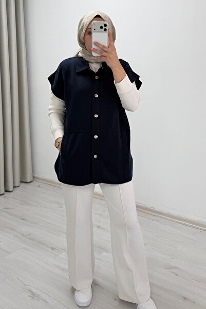 T Moda Store My Magazin Denim Fabric Comfortable Fit Snap Button Pocketed Vest