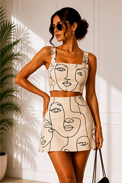 Miyasa Butik TREND DESENLİ CROP ÜST MİNİ ETEK TAKIM