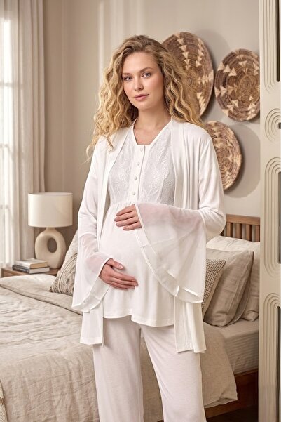 Pelin Women's Ecru Lace 3-Piece Special Design Maternity Pajama Set with Dres...