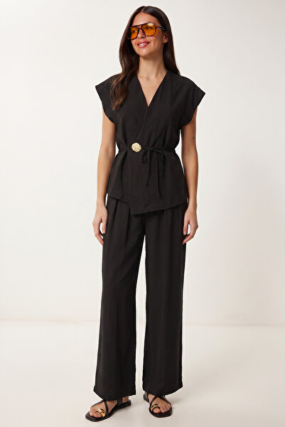 Lovelyİstanbul Gold Button Modal Top and Bottom Set Lub0372 Black