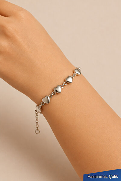 TREND COLLECTİON Women's Stainless Steel Silver Color Heart Figured Bracelet