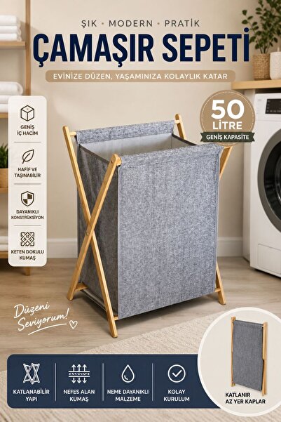 Funny Life Bambu Katlanır Çamaşır Sepeti 50 LT Ahşap Gövdeli Bez Çamaşır Sepe...
